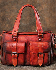 Handmade Red Leather Womens Satchel Shoulder Bag - Front View