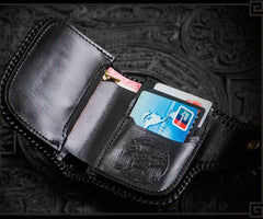 Handmade Leather Small Tooled Mens billfold Wallets Cool Chain Wallet Biker Wallet for Men