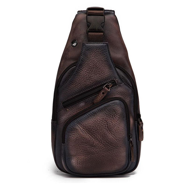 Coffee leather chest bag front view with zip pockets