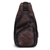 Coffee leather chest bag front view with zip pockets