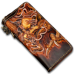 Handmade Leather Tooled Long Chinese Dragon Mens Chain Biker Wallet Cool Leather Wallet With Chain Wallets for Men