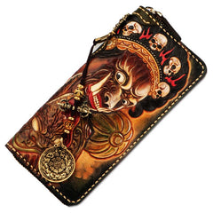 Handmade Leather Mahākāla Mens Tooled Chain Biker Wallet Cool Long Leather Wallet With Chain Wallets for Men