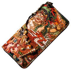 Handmade Leather Tooled White Jambhala Mens Chain Biker Wallet Cool Leather Wallet Zipper Long Phone Wallets for Men