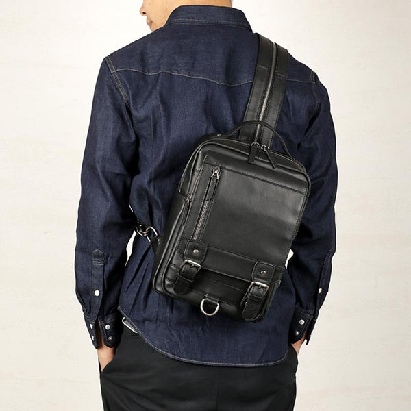 Black Leather Men's 10 inches Sling Bag - Back View
