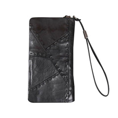 Handmade Genuine Leather Mens Cool Long Leather Wallet Biker Wallet Zipper Clutch Wristlet Wallet for Men