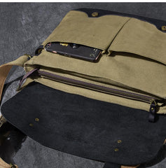 Canvas Leather Mens Army Green Postman Side Bag 14'' Black Messenger Bag Large Shoulder Bag For Men
