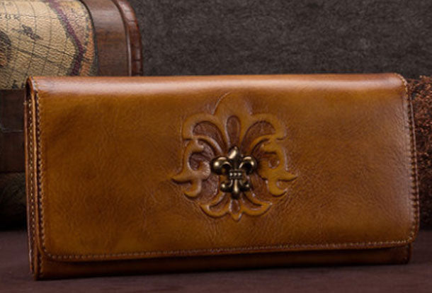 Genuine Leather Wallet Long Wallet Vintage Tooling Wallet Purse For Men Women - EverHandmade