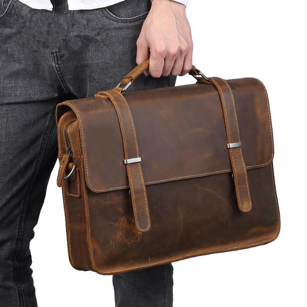 Vintage Brown Leather Men's Professional Briefcase Handbag 14‘’ Laptop