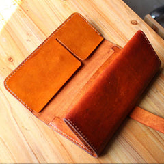 Handmade Leather Mens Long Trifold Wallet Vintage Cool Long Wallet for Men