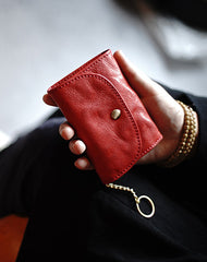 Cute Women Red Leather Mini Wallet with Keychain Billfold Minimalist Coin Wallet Small Zip Change Wallet For Women