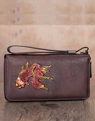 Goldfish Tan Leather Wristlet Wallets Womens Zip Around Wallet Ladies Zipper Clutch Wallets for Women