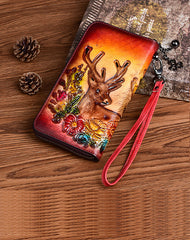 Vintage Reindeer Brown Leather Wristlet Wallet Womens Zip Around Wallets Reindeer Ladies Zipper Clutch Wallet for Women