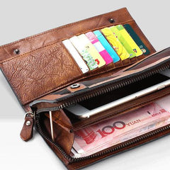 Handmade Leather Mens Cool Long Leather Wallet Bifold Clutch Wallet for Men