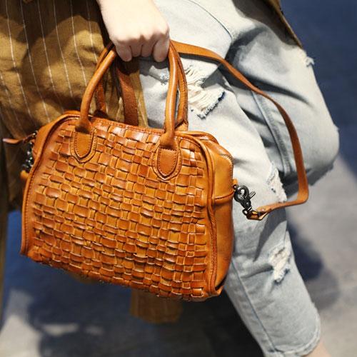 Vintage Womens Brown Braided Leather Handbags Weaved Brown Leather Purse Handbag CM04601064