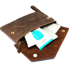 Dark Brown Vintage Leather Wristlet Bag Mens Tablet Bag Handy File Bag Clutch Bag For Men