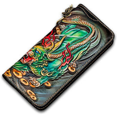 Handmade Leather Chinese Monster Mens Long Chain Biker Wallet Tooled Leather Wallet With Chain Wallets for Men