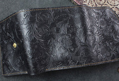 Handmade billfold trifold leather wallet flowral leather billfold wallet for men women - EverHandmade