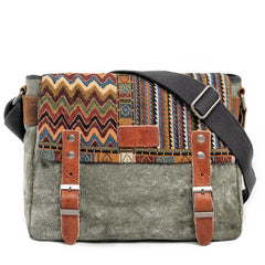 Cool Retro Waxed Canvas Leather Mens Womens Ethnic Shoulder Bag 13'' Side Bag Messenger Bag Postman Bag For Men