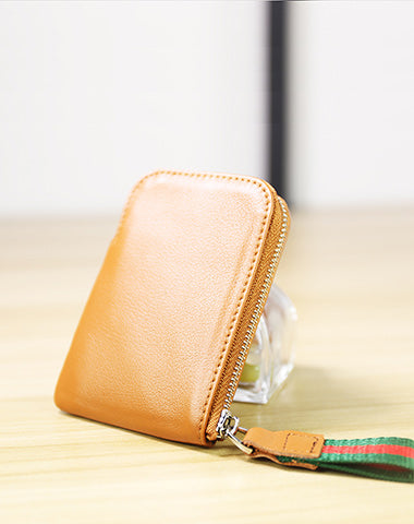 Women Leather Mini Zip Wallet Yellow Brown Billfold Slim Coin Wallet Small Zip Change Wallet For Women