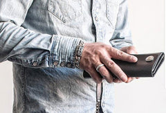 Cool Handmade leather biker chain wallets leather chain men Black long wallet - EverHandmade