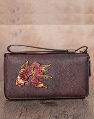 Goldfish Red Leather Wristlet Wallets Womens Zip Around Wallet Ladies Zipper Clutch Wallets for Women