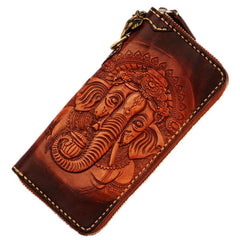 Handmade Leather Tooled Ganesh Mens Chain Biker Wallets Cool Leather Wallet Zipper Long Wallets for Men