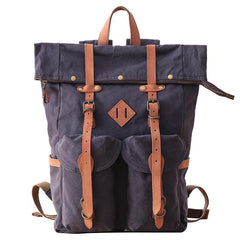 Waxed Canvas Leather Mens Dark Gray Waterproof 15‘’ Large Backpack Travel Backpack Green Hiking Backpack for Men
