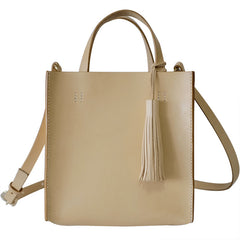 Handmade Leather Small Beige Womens Tote Shoulder Bag Handbag Purse Tassels for Women