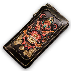 Handmade Leather Mens Tooled Monster Chain Biker Wallet Cool Leather Wallet Long Clutch Wallets for Men