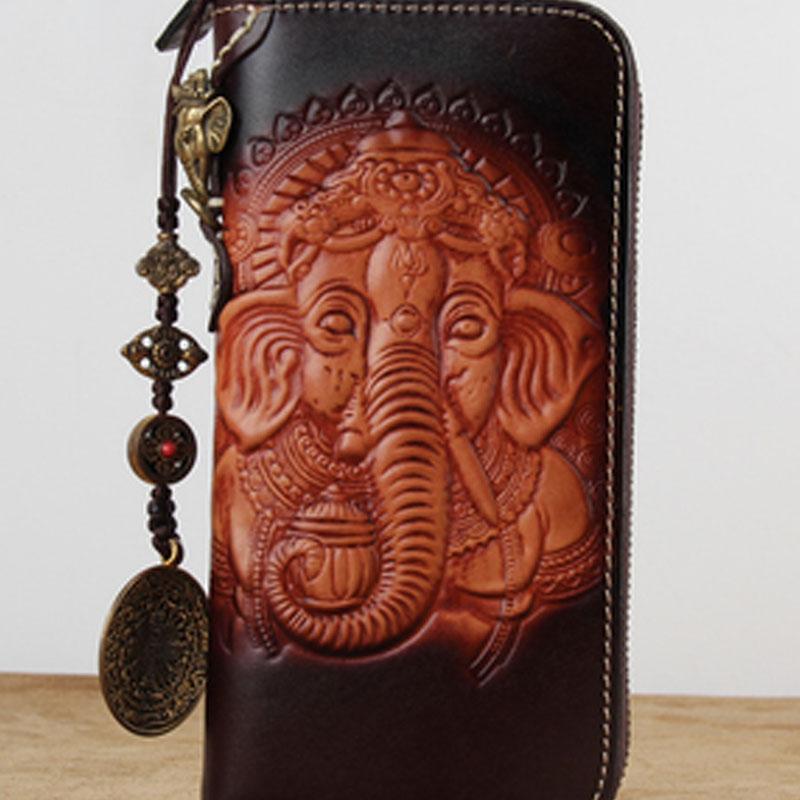 Handmade Leather Ganesha Tooled Biker Chain Mens Long Wallet Cool Leather Wallet Clutch Wallet for Men