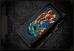 Handmade Leather Tooled Carp Mens Chain Biker Wallet Cool Leather Wallet Long Phone Wallets for Men