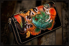 Handmade Leather Tooled Carp Mens Biker Chain Wallets Cool Leather Wallet Long Chain Wallets for Men