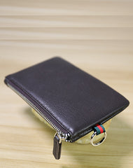 Women Navy Leather Mini Zip Wallet with Keychain Billfold Slim Coin Wallet Small Zip Change Wallet For Women