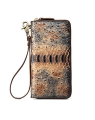 Womens Gray&Red Leather Zip Around Wallets Ostrich Pattern Wristlet Wallets Ladies Zipper Clutch Wallet for Women