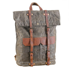 Waxed Canvas Leather Mens 15‘’ Green Waterproof Backpack Khaki Travel Backpack Hiking Backpack for Men