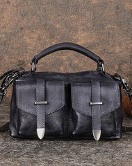 Vintage Black Gray Leather Womens Satchel Shoulder - Front View