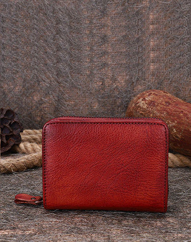 Vintage Women Red Leather Small Wallet with Zip Around Card Holders Bifold Small Wallet Billfold For Women