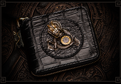 Handmade Leather Chinese Dragon Tooled Mens billfold Wallet Cool Chain Wallet Biker Wallet for Men