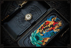 Handmade Leather Tooled Carp Mens Chain Biker Wallet Cool Leather Wallet Long Phone Wallets for Men