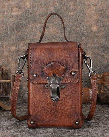 Brown Leather Womens Small Box Shoulder Bag Cube Small Handmade Handbag Purse for Ladies