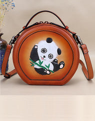 Cutest Women Coffee Leather Round Handbag Panda Crossbody Purse Vintage Round Shoulder Bags for Women