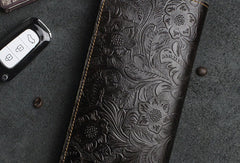 Handmade Long Leather Wallet Bifold Floral Leather Clutch Magnetic Button Wallet For Men Women - EverHandmade