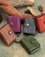Small Green Leather Trifold Wallet Vintage Billfold Cute Women Buckle Wallet For Ladies