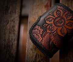 Handmade Leather Tooled Chinese Dragon Biker Wallet Mens Cool billfold Chain Wallet Trucker Wallet with Chain