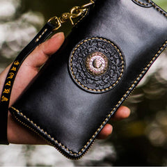 Handmade Leather Mens Tibetan Chain Biker Wallet Cool Leather Wallets Long Clutch Wallets for Men