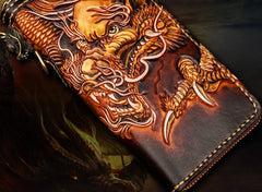 Handmade Leather Tooled Long Chinese Dragon Mens Chain Biker Wallet Cool Leather Wallet With Chain Wallets for Men