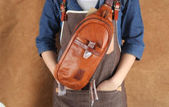 Genuine Brown Leather Mens Cool Chest Bag Sling Bag Brown Crossbody Pack One Shoulder Backpack for men