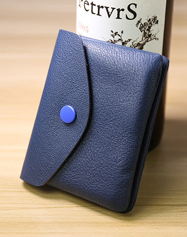 Cute Women Blue Leather Mini Billfold Wallet Handmade Coin Wallets Slim Change Wallets For Women