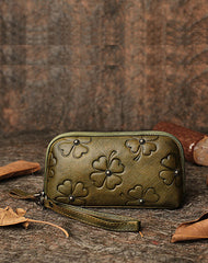 Handmade Green Womens Clover Leather Long Wallet Zipper Clutch Wristlet Wallet for Women