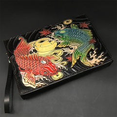 Black Handmade Tooled Leather Carp Toad Clutch Wallet Wristlet Bag Clutch Purse For Men